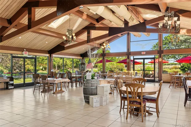 a dining space with furniture and outdoor view