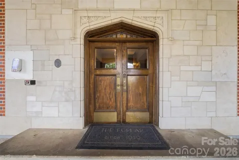 a view of a building with a door
