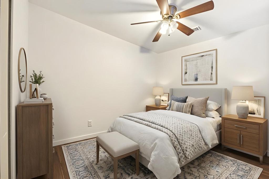 5309 Prock Lane Austin, TX 78721 - Photo 9 of 19 Virtually staged Bedroom featuring ceiling fan and dark wood finished floors