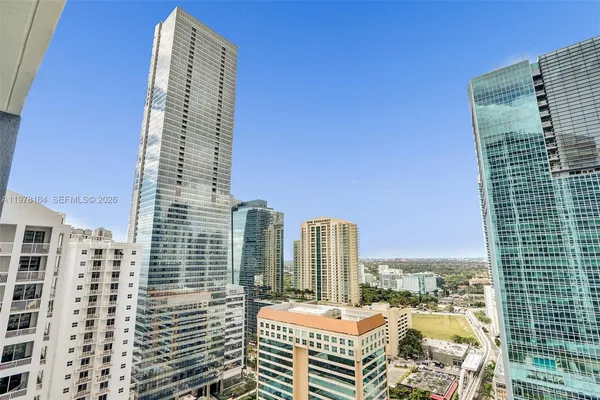 a city view with tall buildings