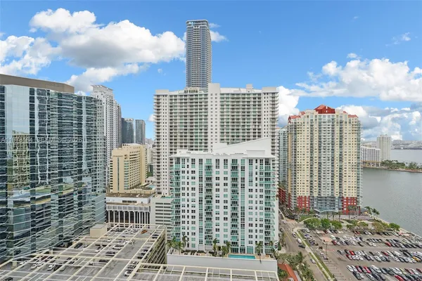a city view with tall buildings