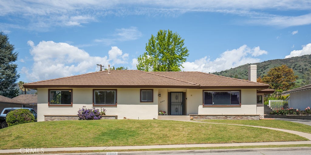 a view of a white house with a large windows and a yard with plants and large trees