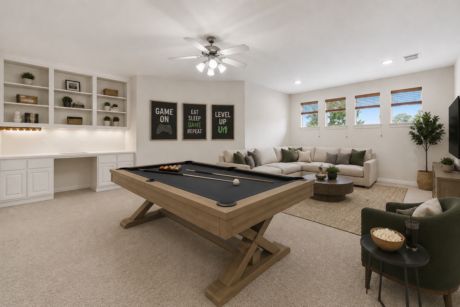 2716 Silverstone Way Conroe, TX 77304 - Photo 15 of 27 Upstairs you'll find a large game room with custom built-ins. Virtually staged.