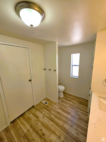 1604 180 East Tooele, UT 84074 - Photo 10 of 16 Primary Bathroom with wood-finish flooring, a white vanity with an integrated sink, and a flush-mount ceiling light