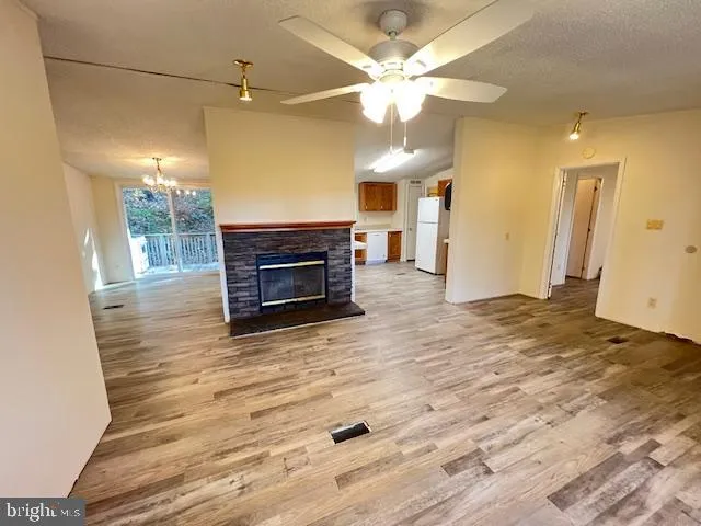 a living room with a fireplace