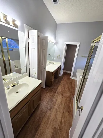 a bathroom with a sink a mirror and a bathtub