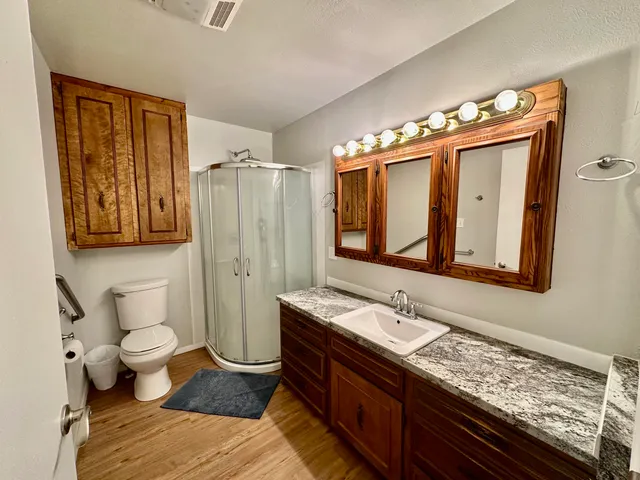 a bathroom with a granite countertop sink and a mirror