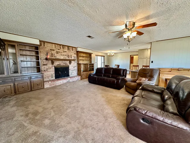 a living room with furniture ceiling fan and a fireplace