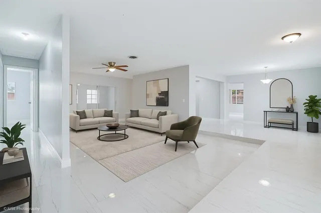 a living room with furniture and a potted plant