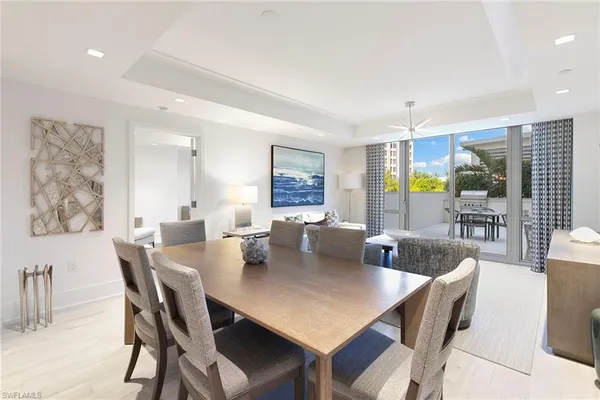 a view of a dining room with furniture