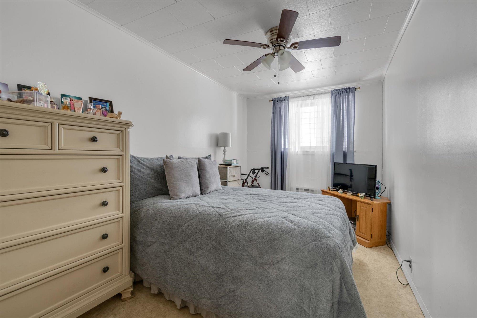 63-03 74th Street Queens, NY 11379 - Photo 8 of 15 Bedroom featuring light carpet, ceiling fan, and crown molding