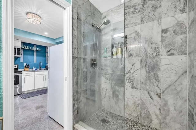 a bathroom with a shower and a sink