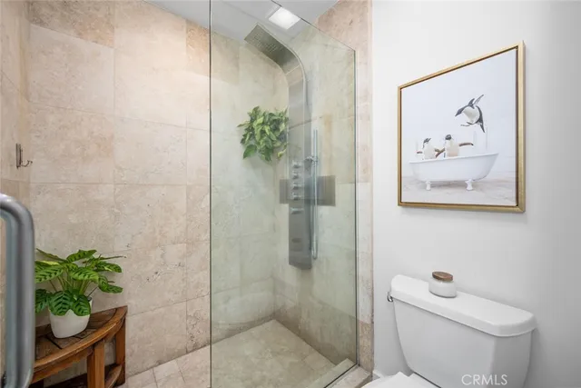 a bathroom with a shower and a toilet