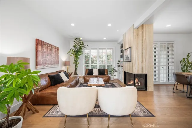 a living room with furniture a fireplace and a potted plant
