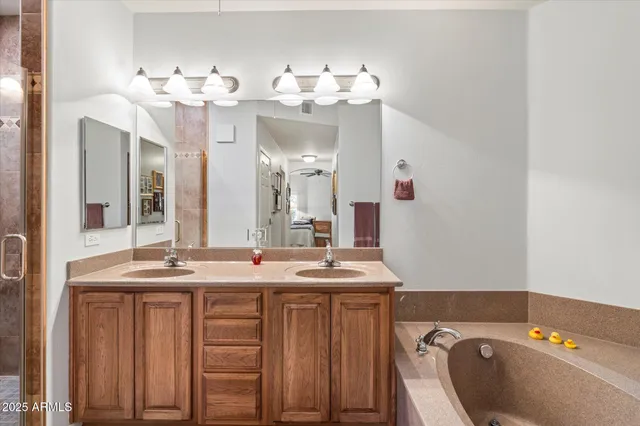 a bathroom with a double vanity sink mirror and shower