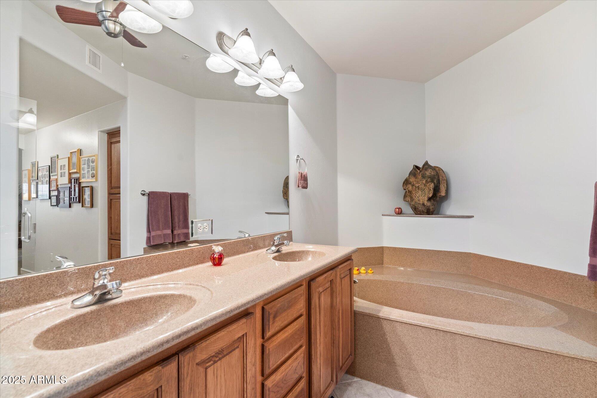 5350 East Deer Valley Drive, Unit 1238 Phoenix, AZ 85054 - Photo 16 of 29 a bathroom with a granite countertop sink a large mirror and a bathtub