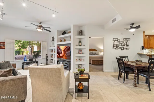 a view of a dining room with furniture