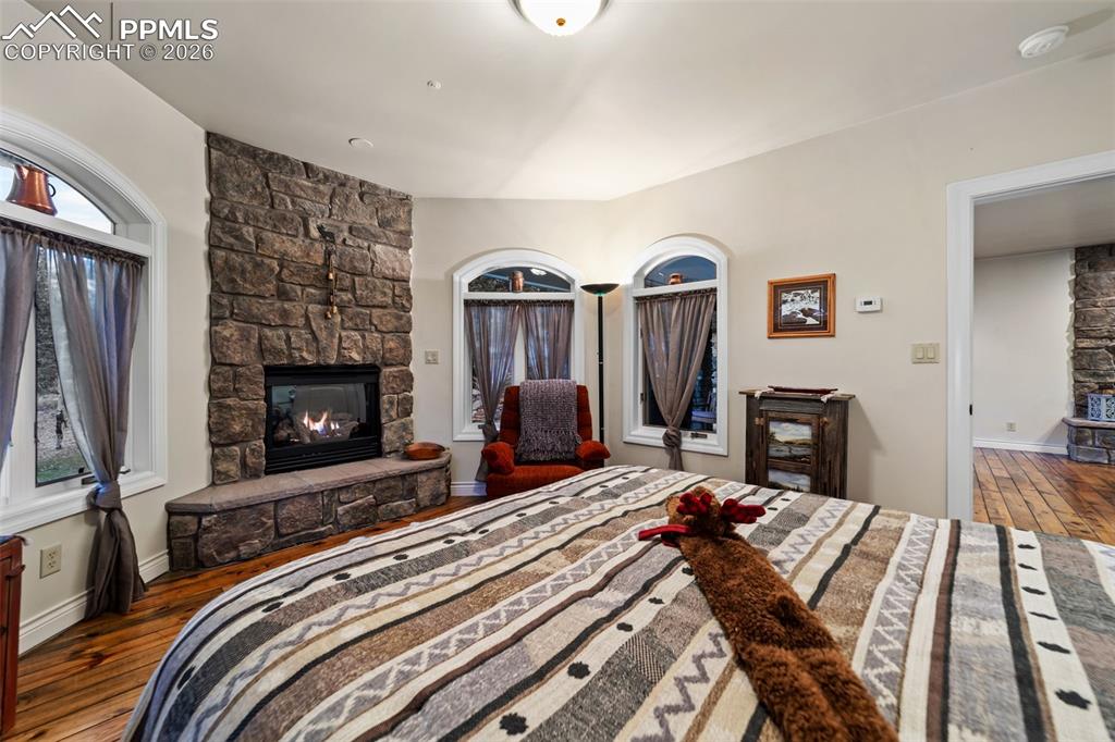 4450 Abert Ridge View Colorado Springs, CO 80908 - Photo 38 of 50 a bed room with a bed a television and fireplace