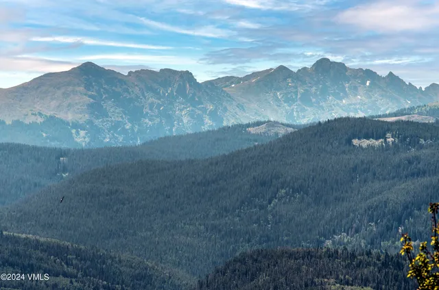 a view of a town with mountains in the background