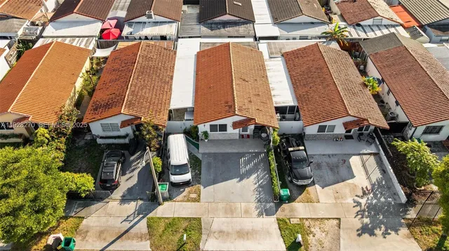 an aerial view of a backyard