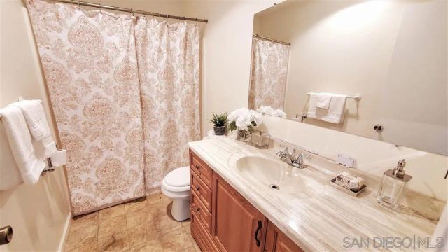 a bathroom with a sink a toilet and shower curtain