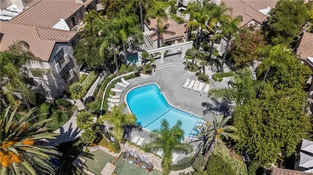 an aerial view of a swimming pool