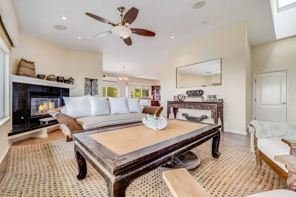 a living room with furniture and a fireplace
