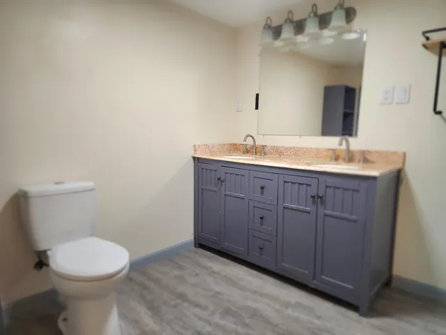 a bathroom with a toilet a sink and mirror