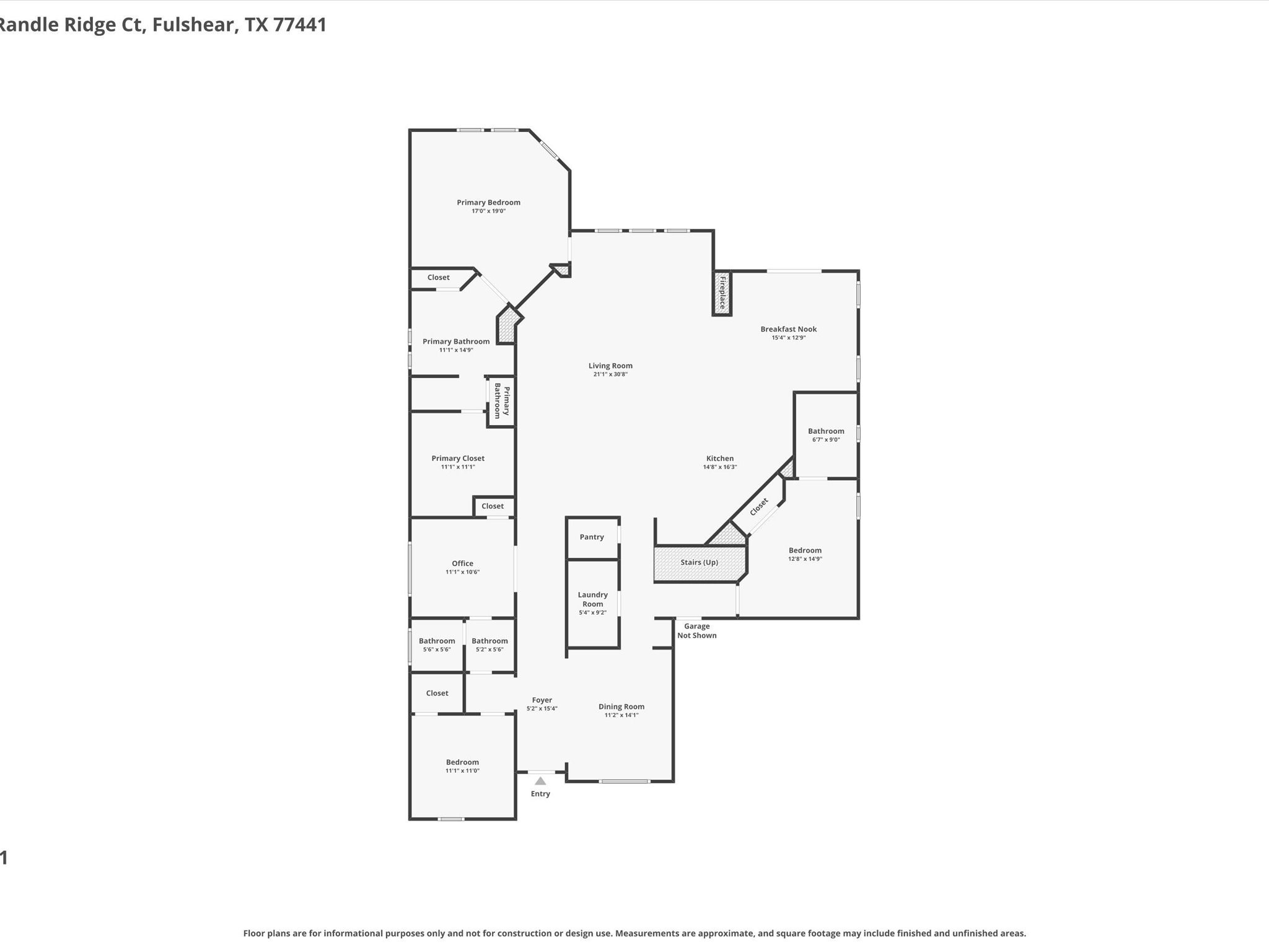 3907 Randle Ridge Court Fulshear, TX 77441 - Photo 45 of 46 This first floor plan showcases a spacious home in Fulshear, TX, featuring a primary bedroom with an en-suite bathroom and closet, two additional bedrooms, and an office. The open living area includes a kitchen, breakfast nook, and living room. Additional amenities include a dining room, laundry room, butler pantry, and multiple bathrooms. There's also a 3 car garage and large entry foyer.