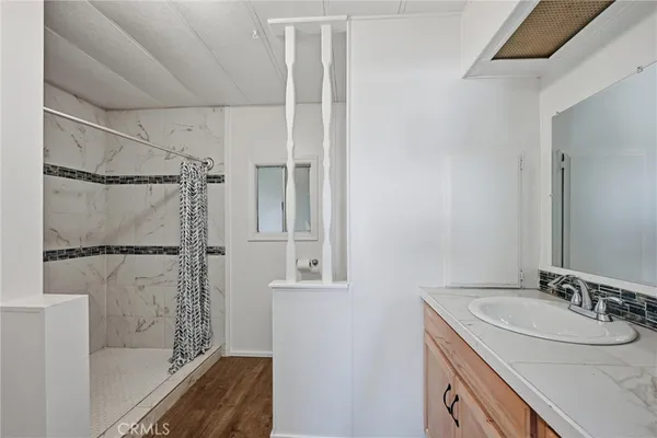 a bathroom with a sink and a shower