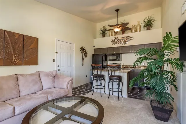 a view of a dining room with furniture
