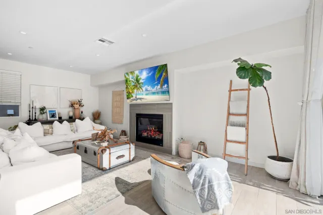 a living room with furniture a fireplace and a potted plant