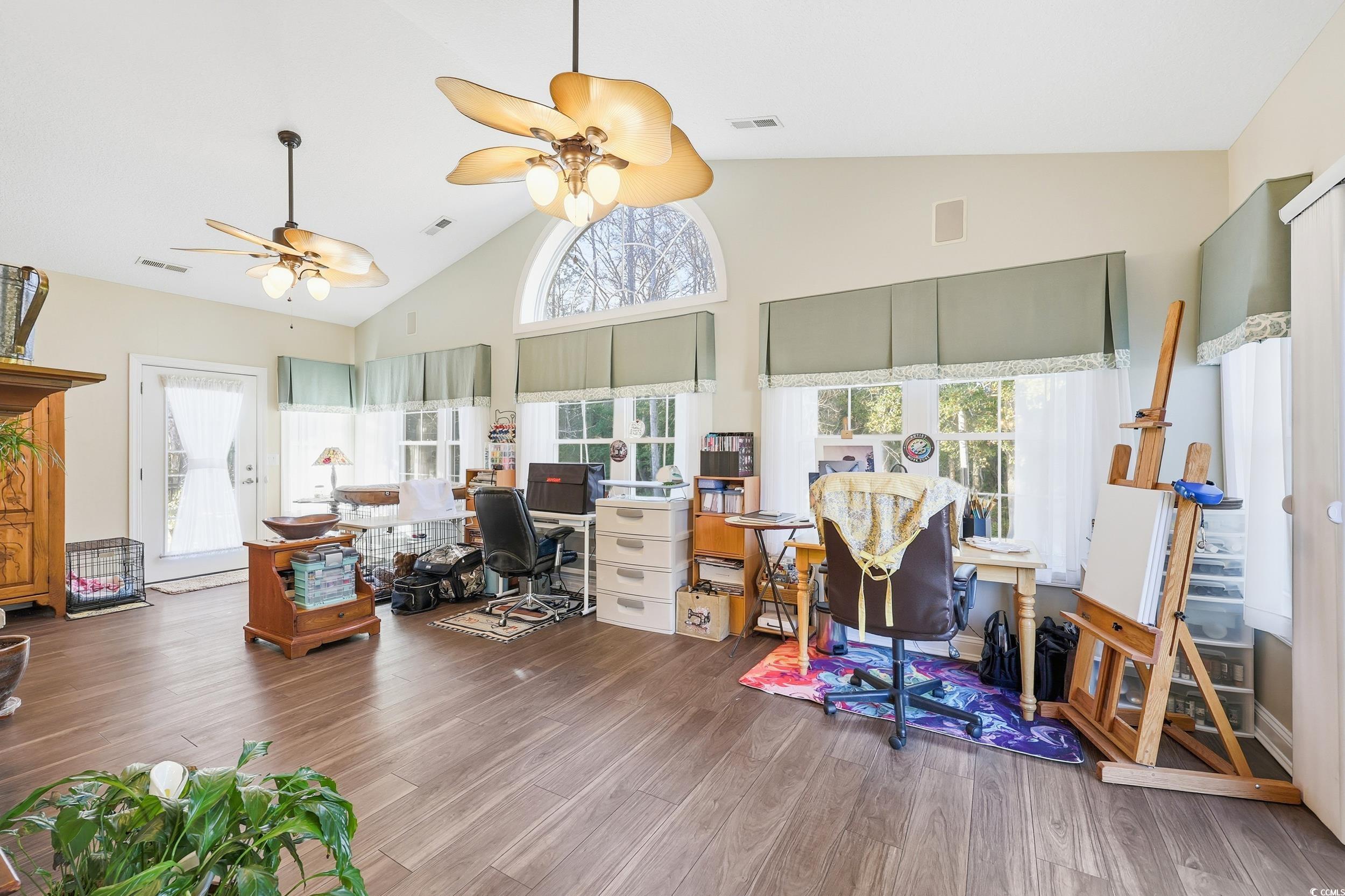 452 Deer Watch Circle Longs, SC 29568 - Photo 18 of 39 Office area featuring high vaulted ceiling, ceiling fan, and wood finished floors
