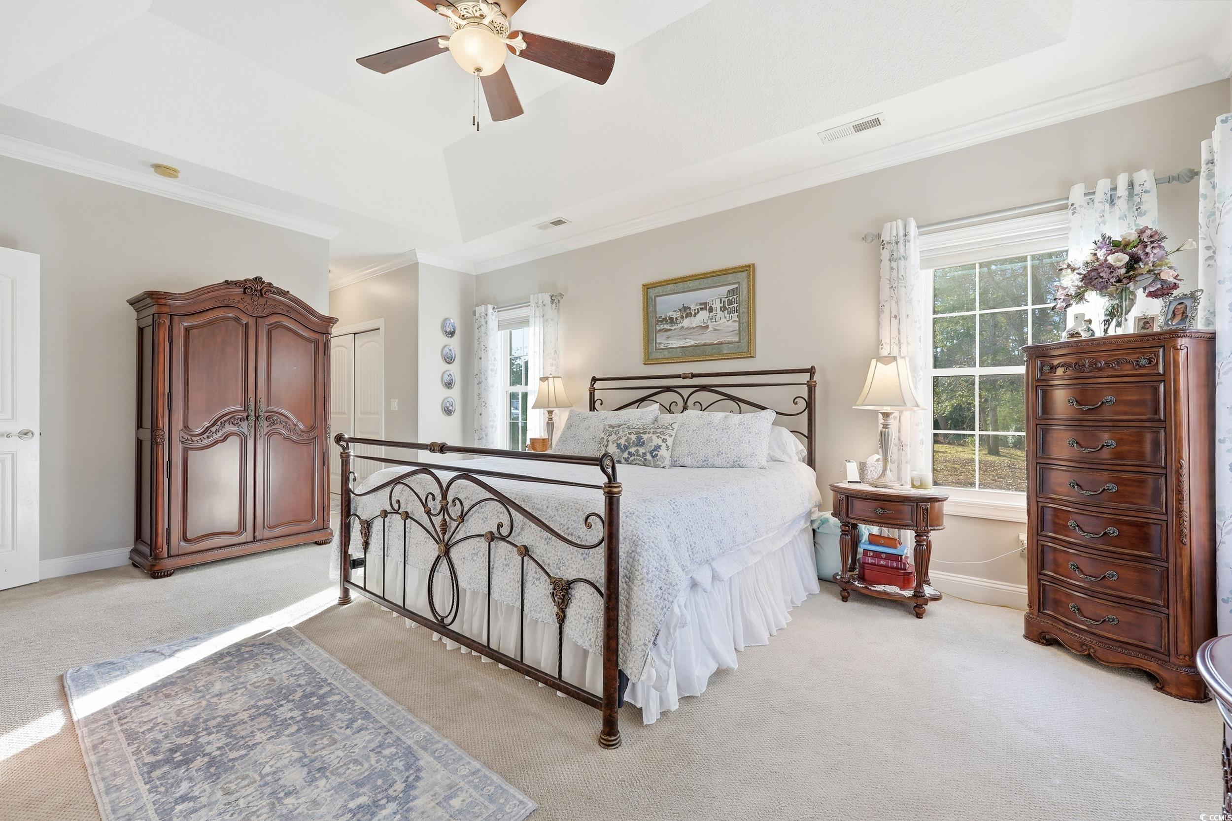 452 Deer Watch Circle Longs, SC 29568 - Photo 20 of 39 Main level bedroom with light carpet, multiple windows, a tray ceiling, and ornamental molding