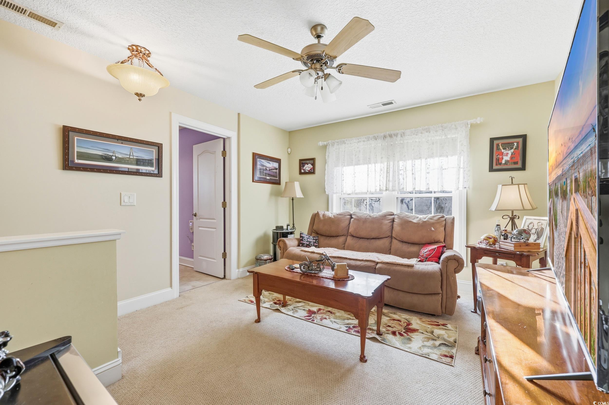 452 Deer Watch Circle Longs, SC 29568 - Photo 27 of 39 Loft living room with carpet flooring, ceiling fan, and a textured ceiling
