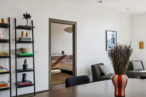 a living room with furniture and a book shelf