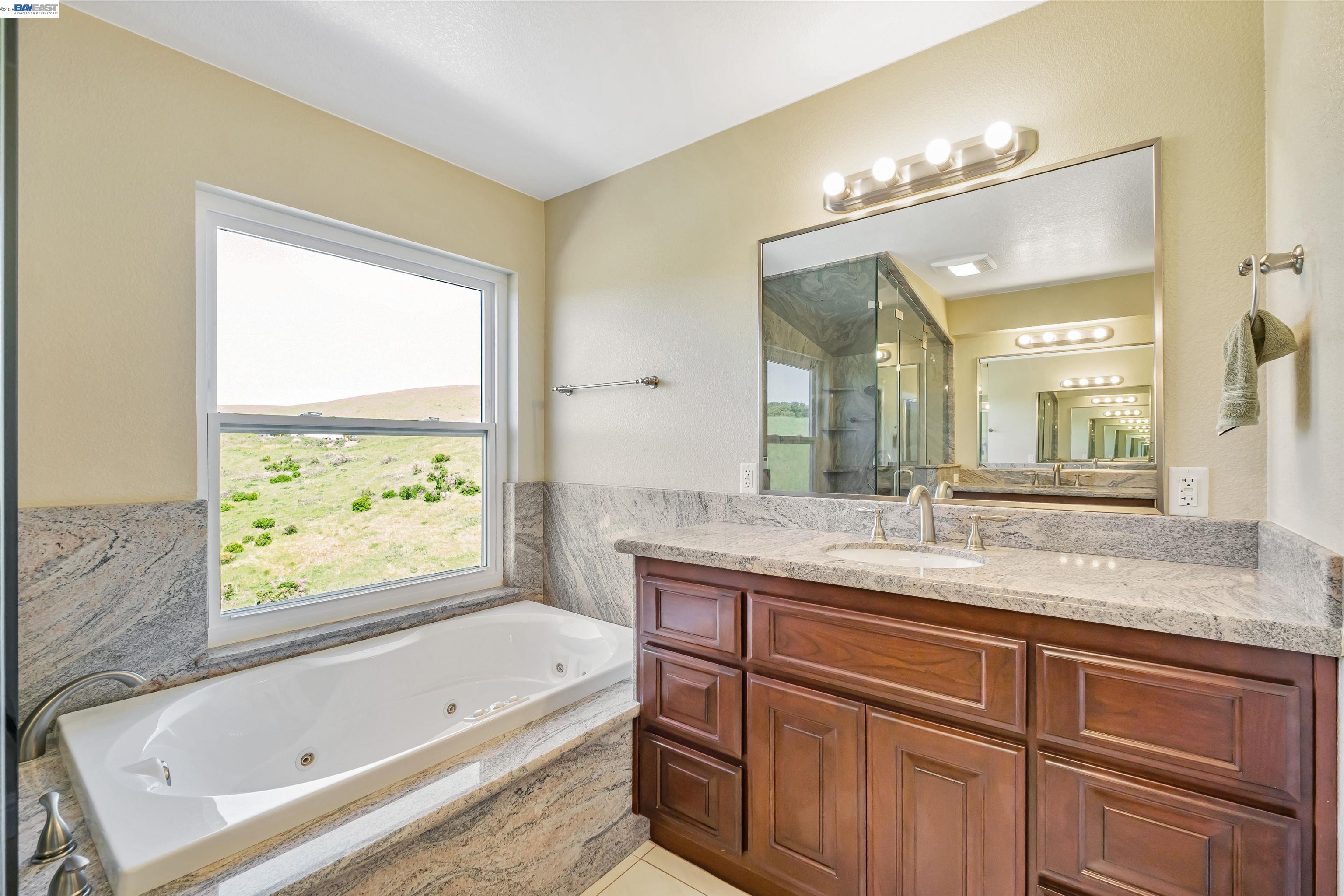41794 Vargas Road Fremont, CA 94539 - Photo 36 of 60 a bathroom with a granite countertop sink mirror bathtub and window