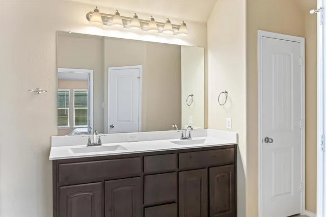 a bathroom with a sink double vanity and a mirror