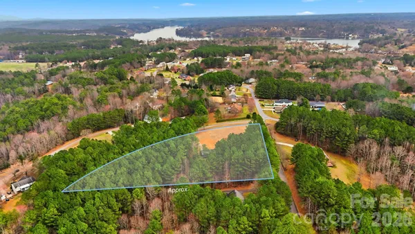 an aerial view of residential houses with outdoor space and trees