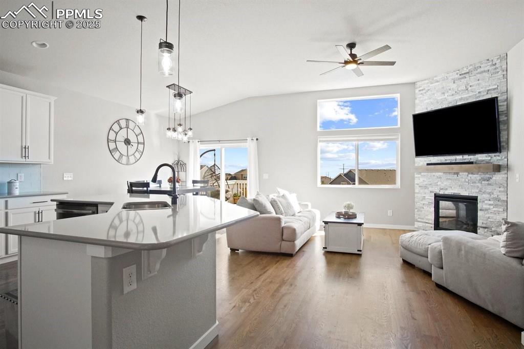 10052 Bracknell Place Peyton, CO 80831 - Photo 10 of 36 a living room with fireplace furniture and a flat screen tv