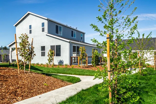 a front view of a house with a yard and potted plants
