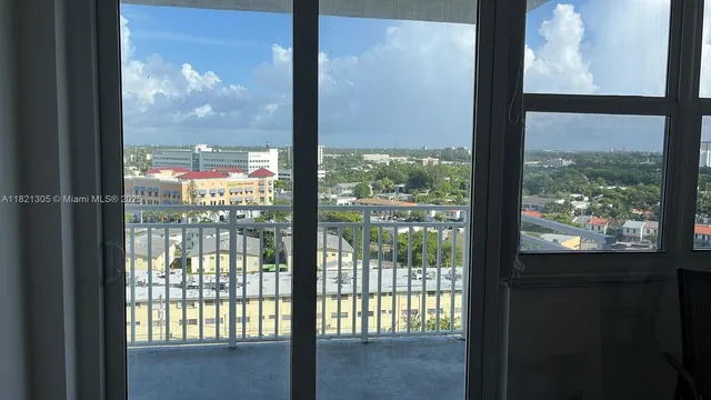 a view of a glass building from a window