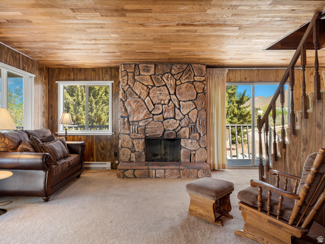 85 B Street, Unit 22 St. Charles, ID 83272 - Photo 13 of 35 Stone fireplace feature with wood walls and ceiling