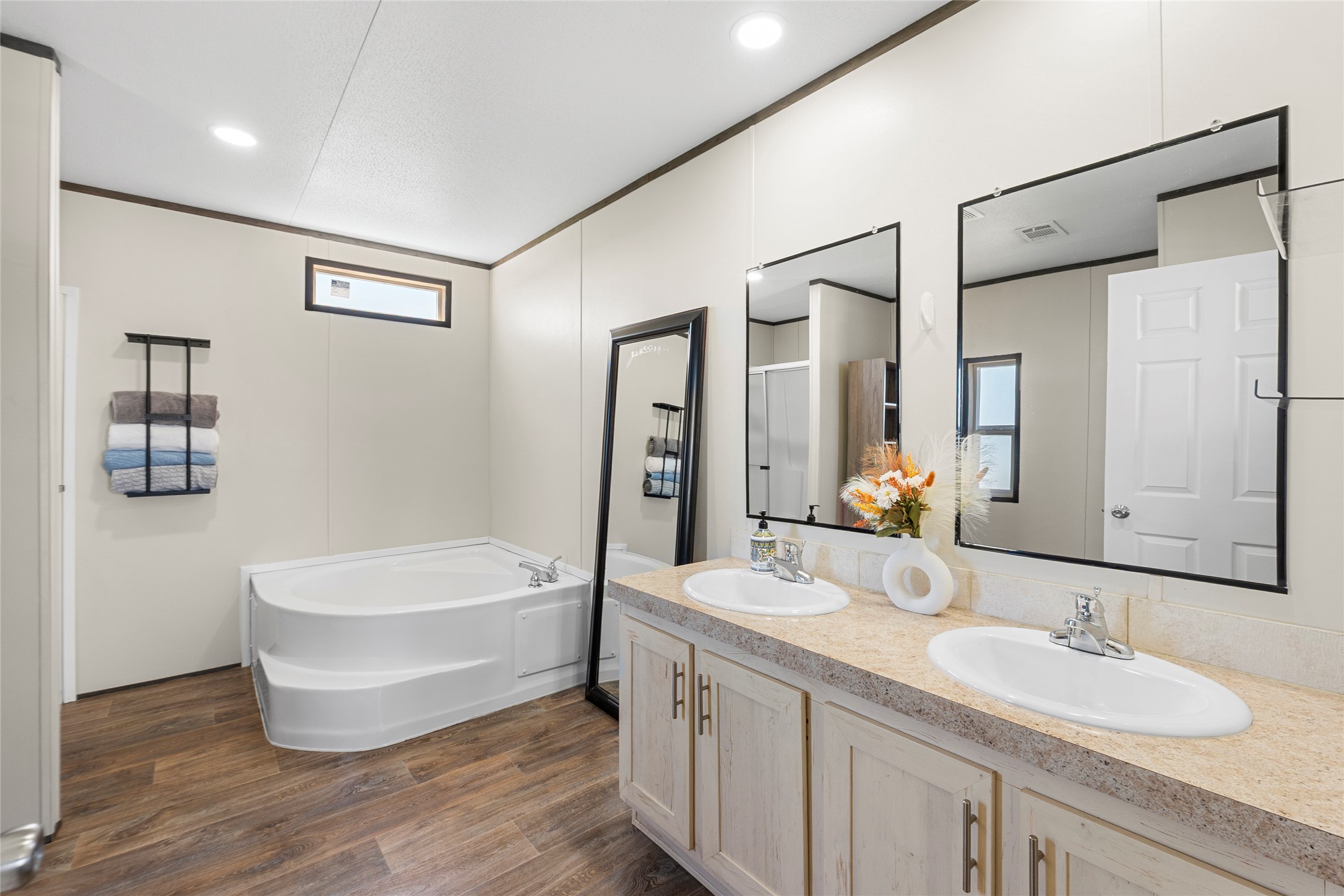 22774 Windy Mdws Cove Jarrell, TX 76537 - Photo 8 of 30 a bathroom with a double vanity sink mirror and bathtub