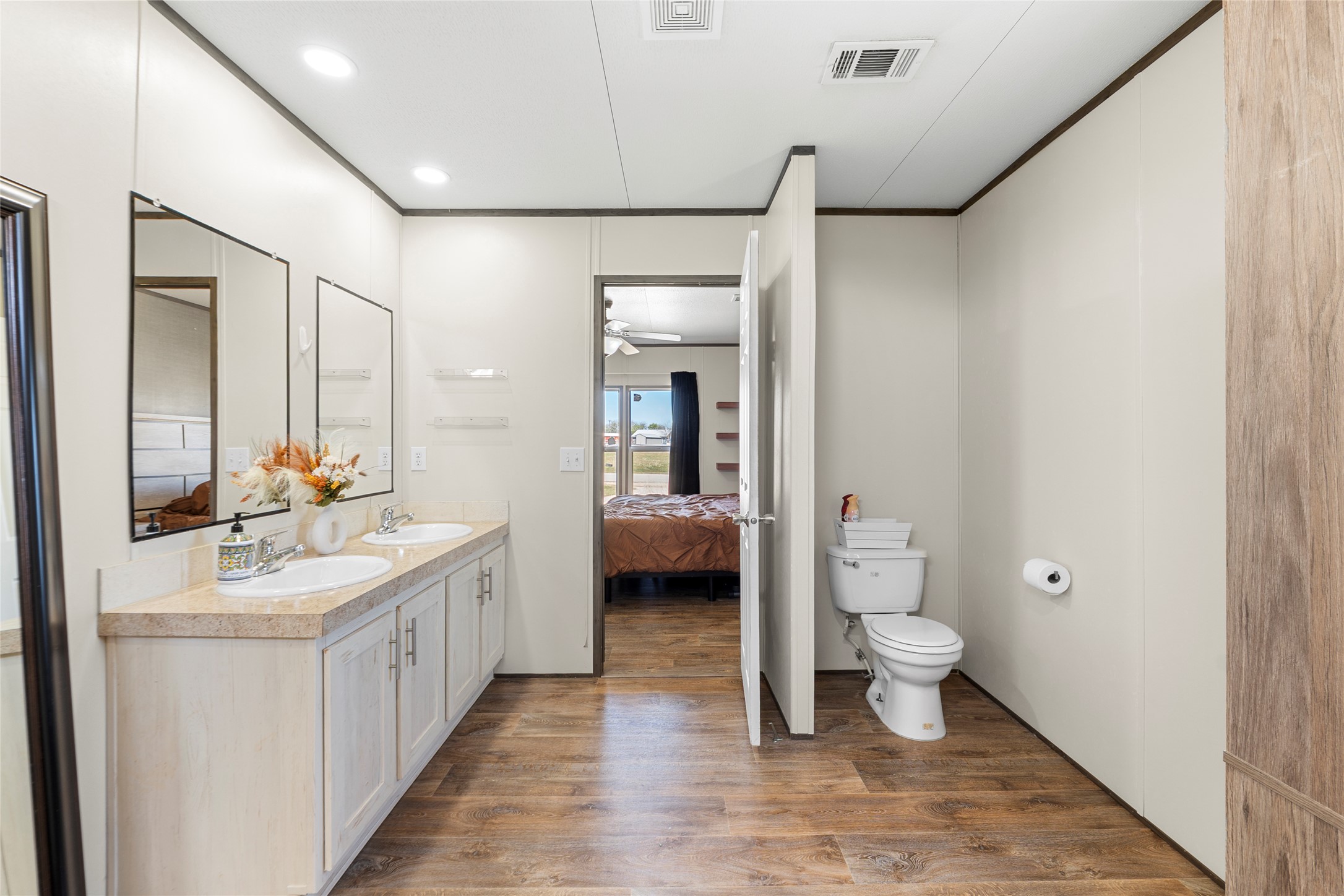 22774 Windy Mdws Cove Jarrell, TX 76537 - Photo 10 of 30 a en suite bathroom with a sink a toilet and a mirror