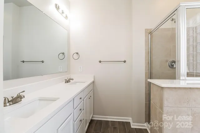 a bathroom with a sink a mirror and a shower