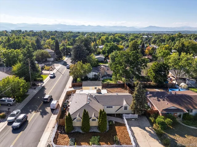 an aerial view of a pool