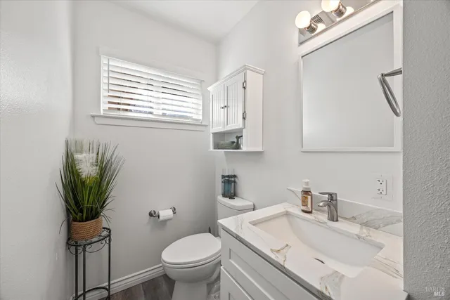 a bathroom with a sink toilet and mirror
