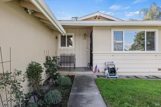a view of a house with a small yard and a fountain