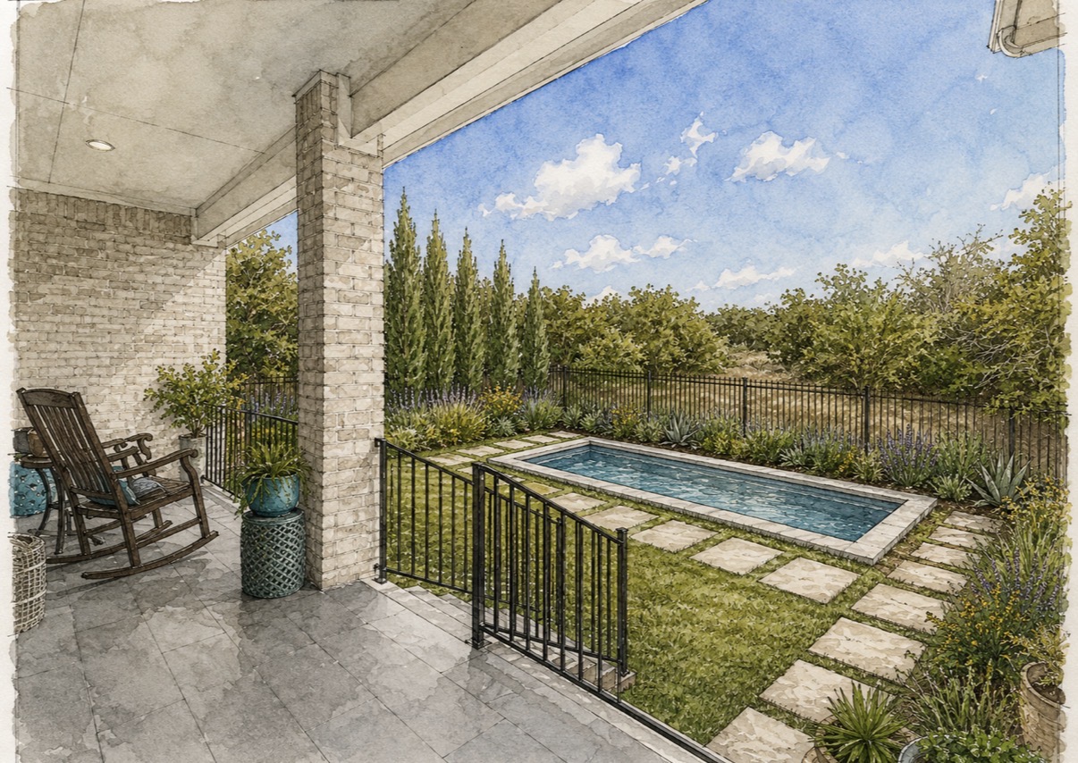 438 Pear Tree Lane Austin, TX 78737 - Photo 34 of 40 RENDERING. An inviting covered patio transitions to a landscaped private yard with an in-ground pool.